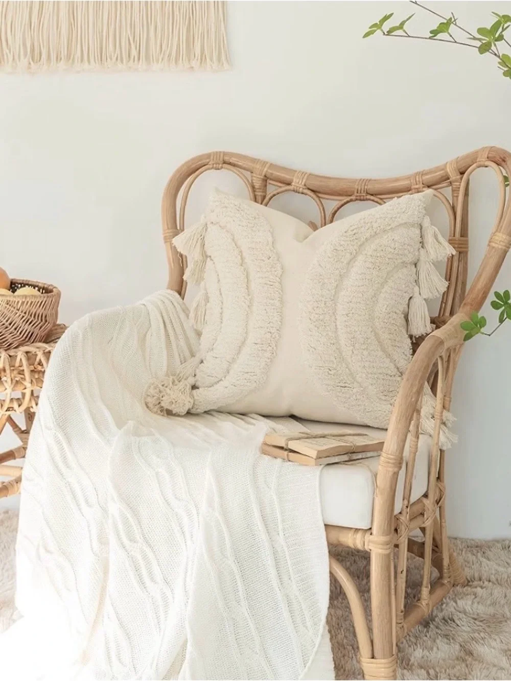 Beautiful Half Moon Accent Boho Tufted Decorative Throw Pillow Cover, bone color